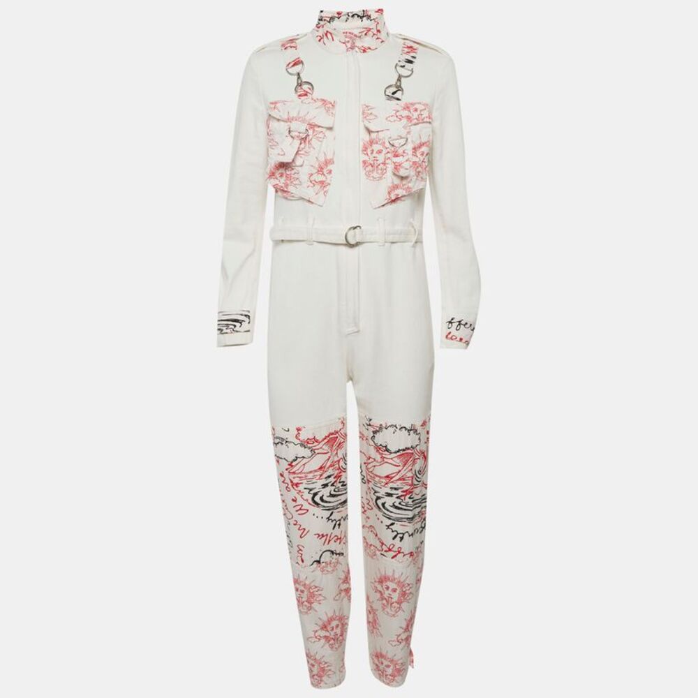Stella Mccartney White Denim Abstract Print Jumpsuit S